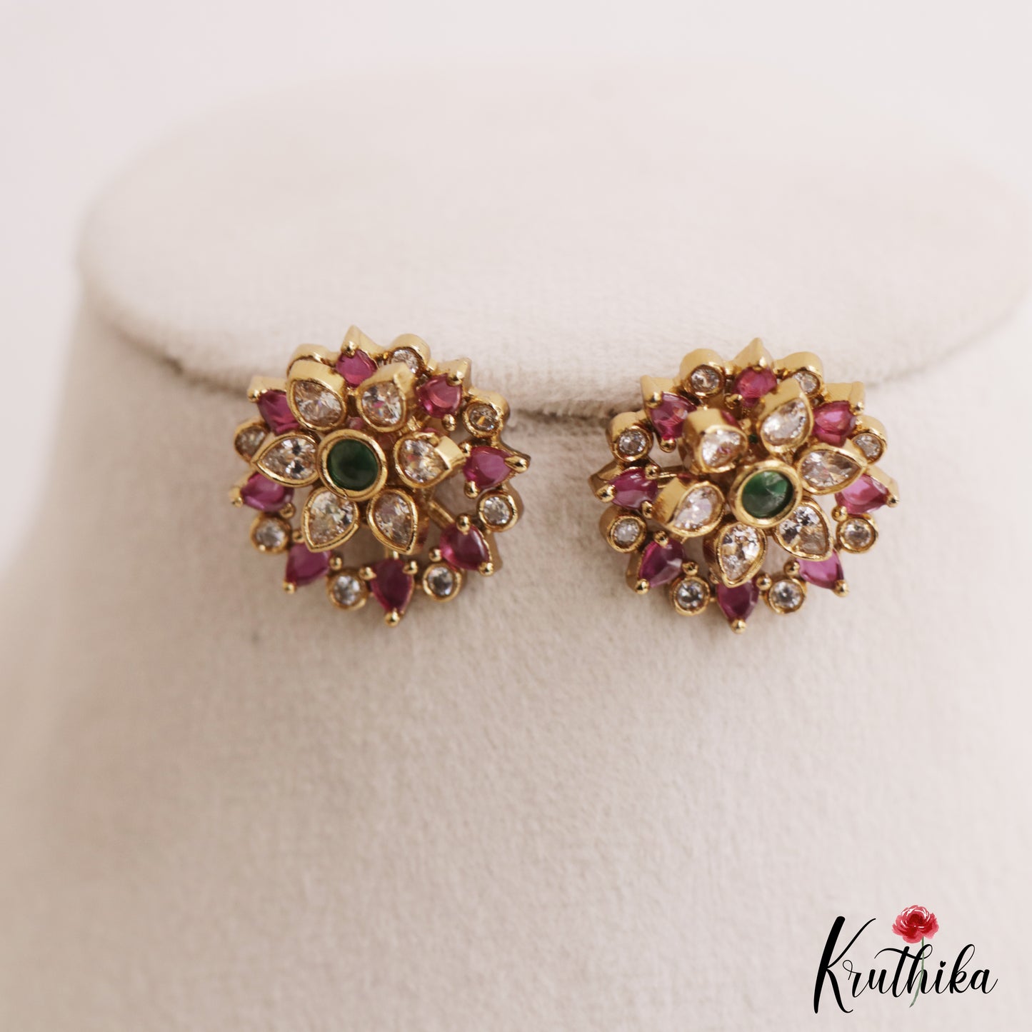 Simple Floral Gold-Tone Diamond-Finish AD Stud Earrings E1100