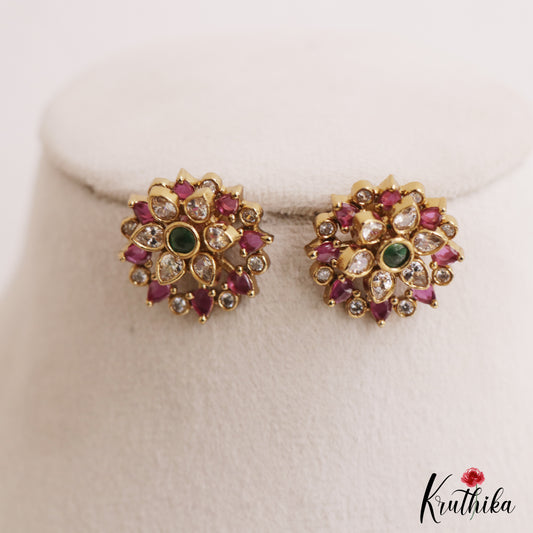 Simple Floral Gold-Tone Diamond-Finish AD Stud Earrings E1100