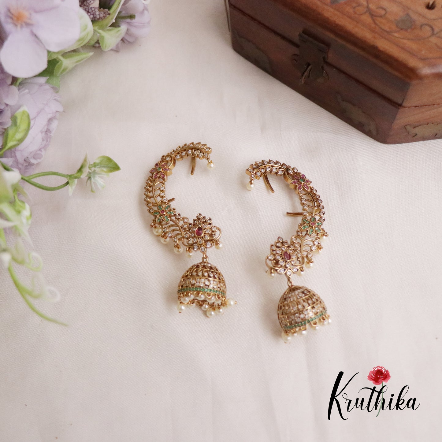 Premium Floral Crescent Earcuff with Jhumkas E577 (Available in 2 Colours)