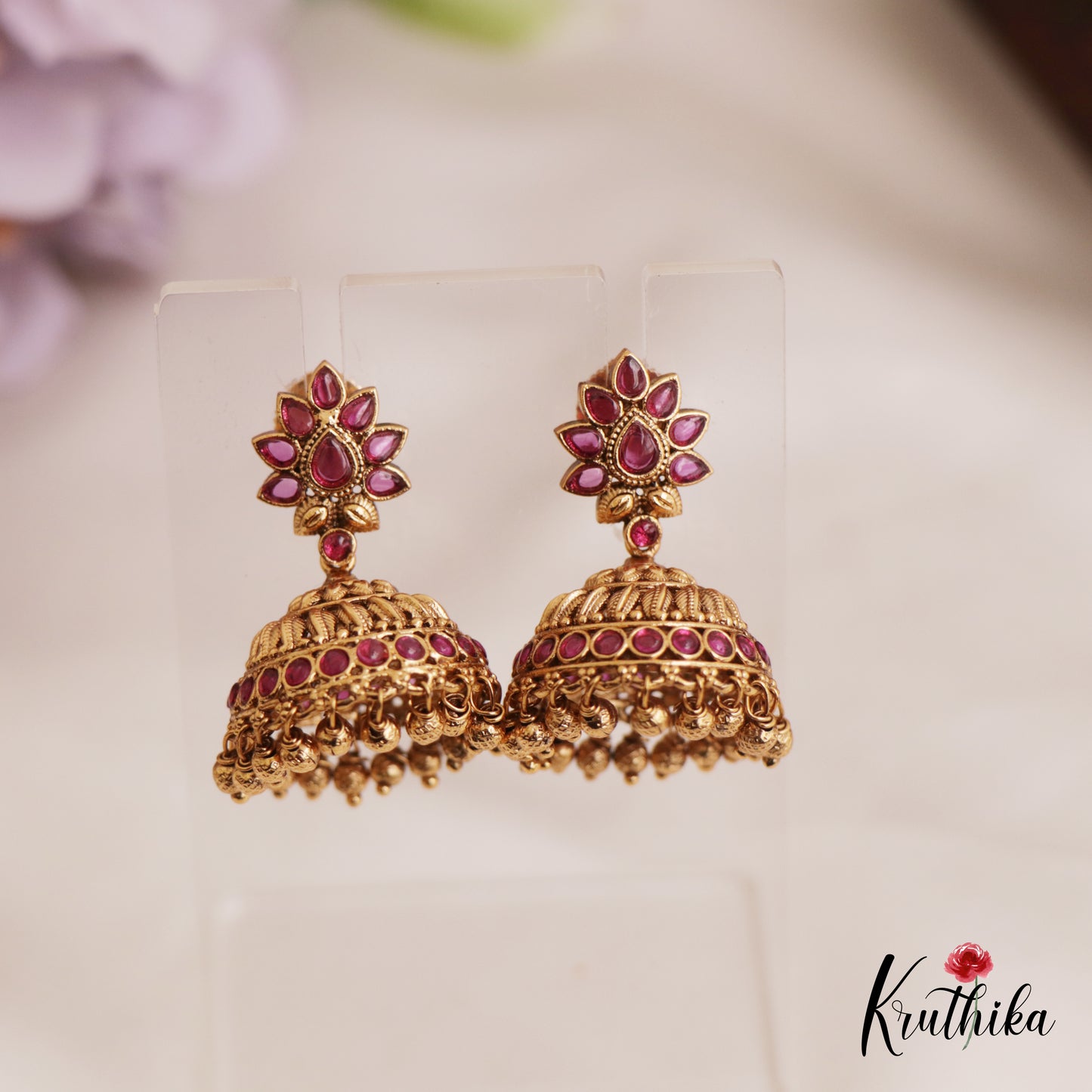 Elegant Antique Floral Motifs Jhumka With Golden Bead Drops E970 (Available In 2 Colors)