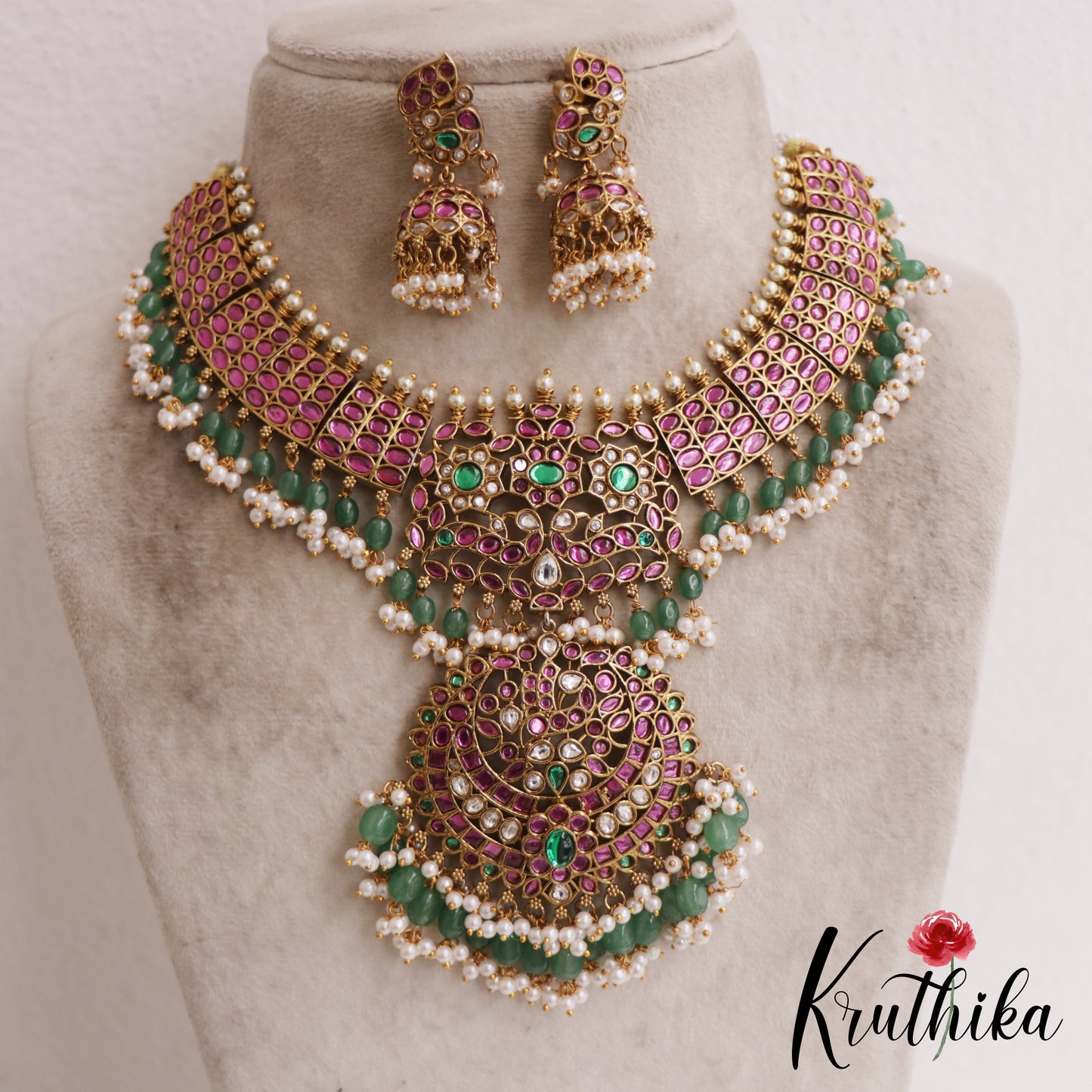 Premium Floral Peacock Motifs Kemp Necklace With Green Bead Drops NC2860