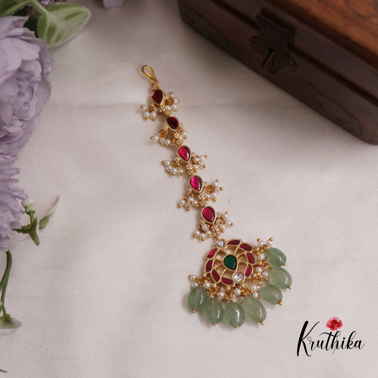 Gorgeous Jadau Lotus Maang Tikka with Pastel Green Beads MT291