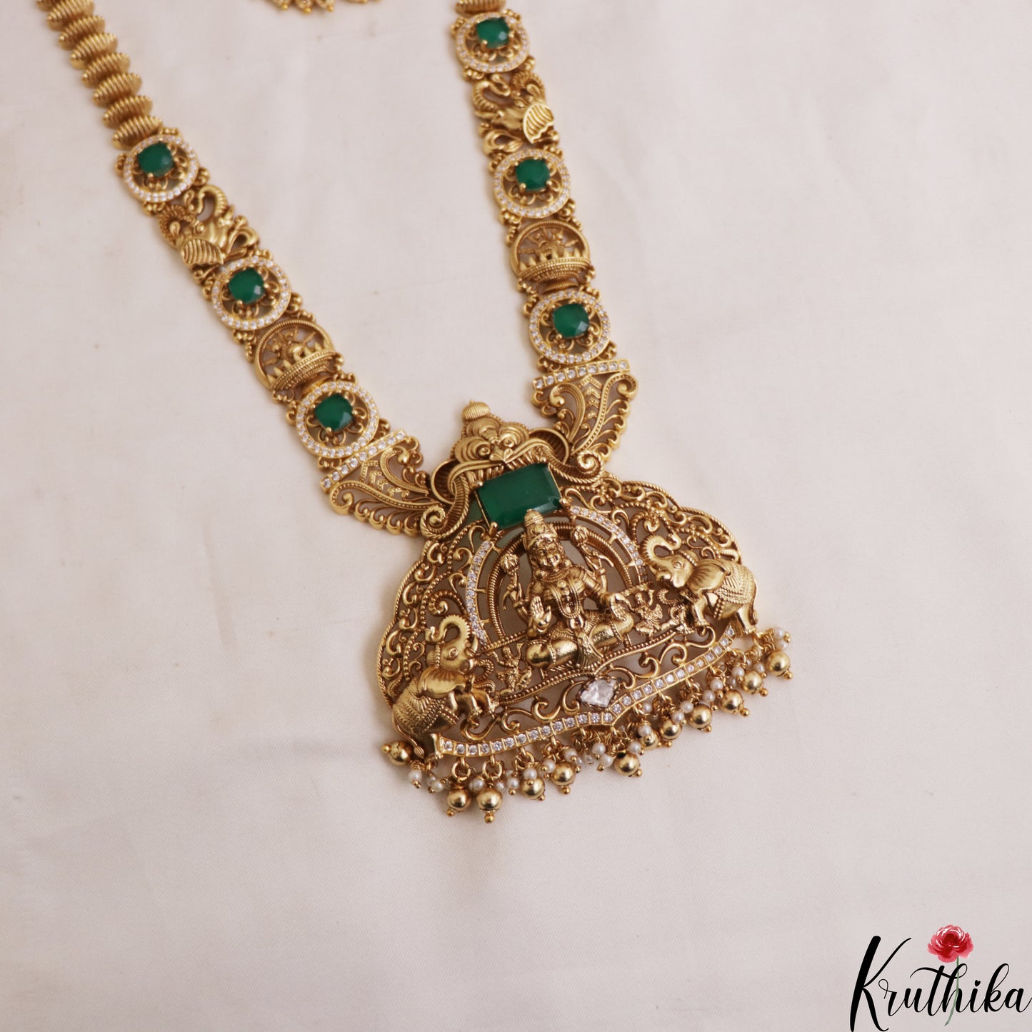 Grand Antique Nagas Lakshmi Motifs Haaram With Bead Drops LH2104 (Available In 2 Colors)