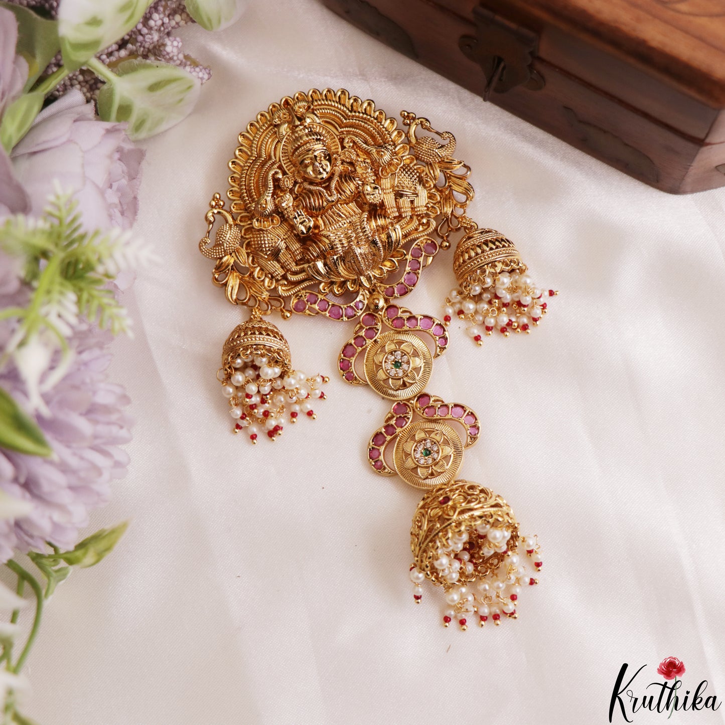 Classic Antique Nagas Lakshmi Peacock Motifs Jhumka Jada Billa With Pear Bead Drops J436 (Available In 2 Colors)