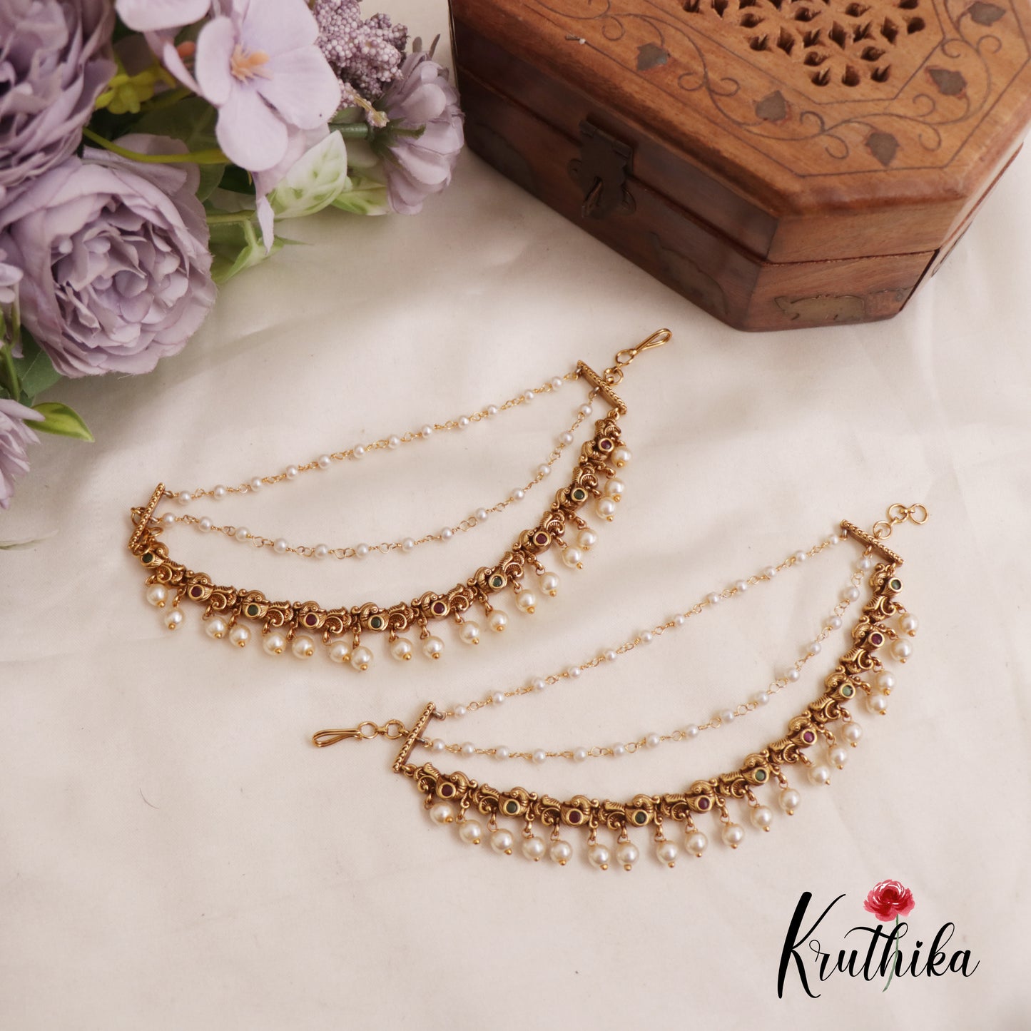 Elegant Kemp Peacock Pearl Drop With Triple Strand Earchains EC175