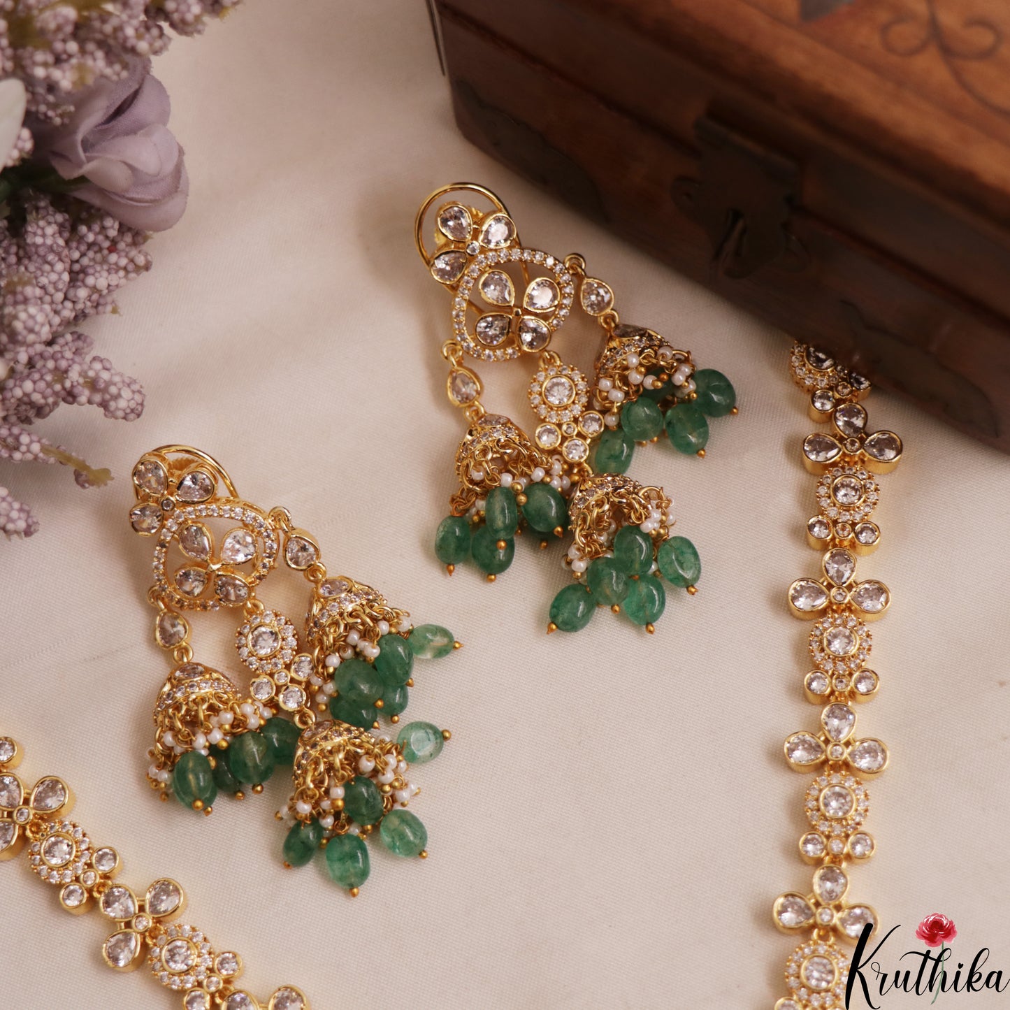 Sparkling Floral Motifs Gold-Tone CZ Necklace With Green Bead Drops NC3017