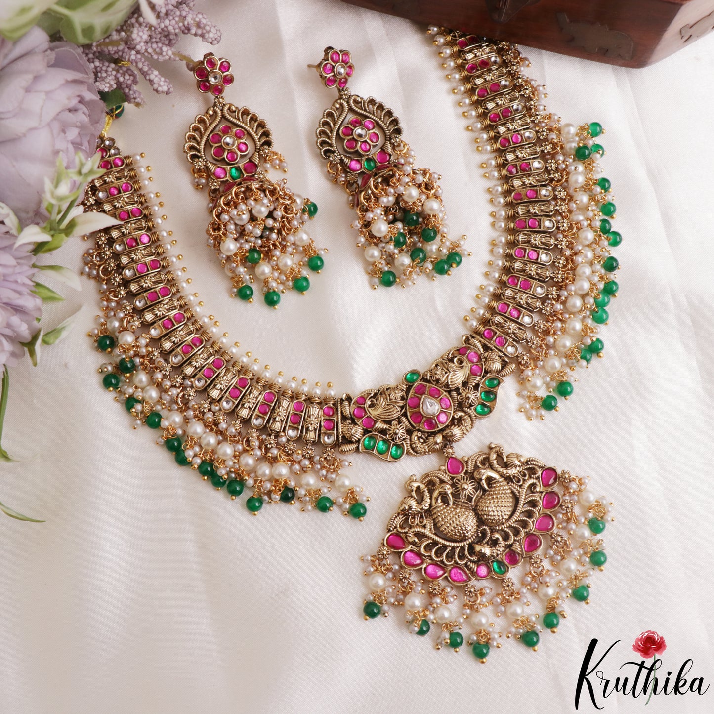 Stunning Peacock Floral Motifs Jadau Necklace With Pearl Bead Drops NC3144