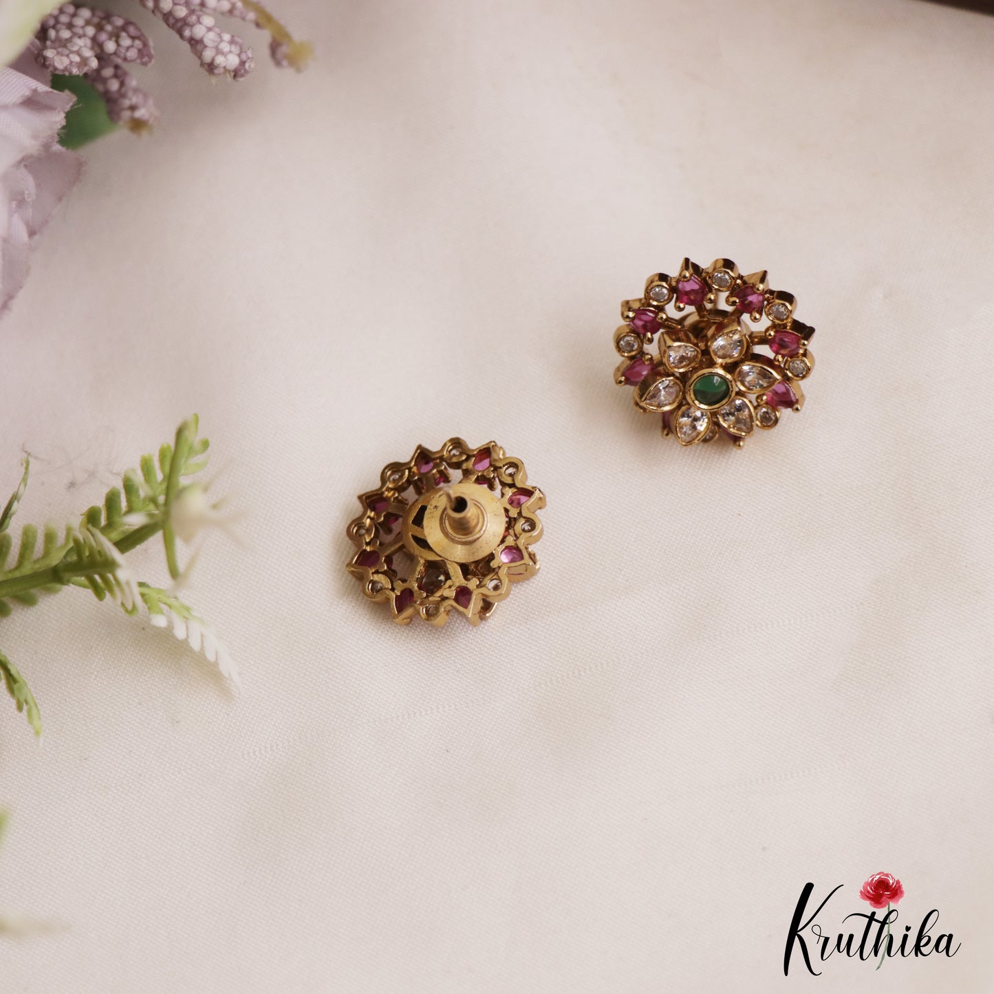 Simple Floral Gold-Tone Diamond-Finish AD Stud Earrings E1100