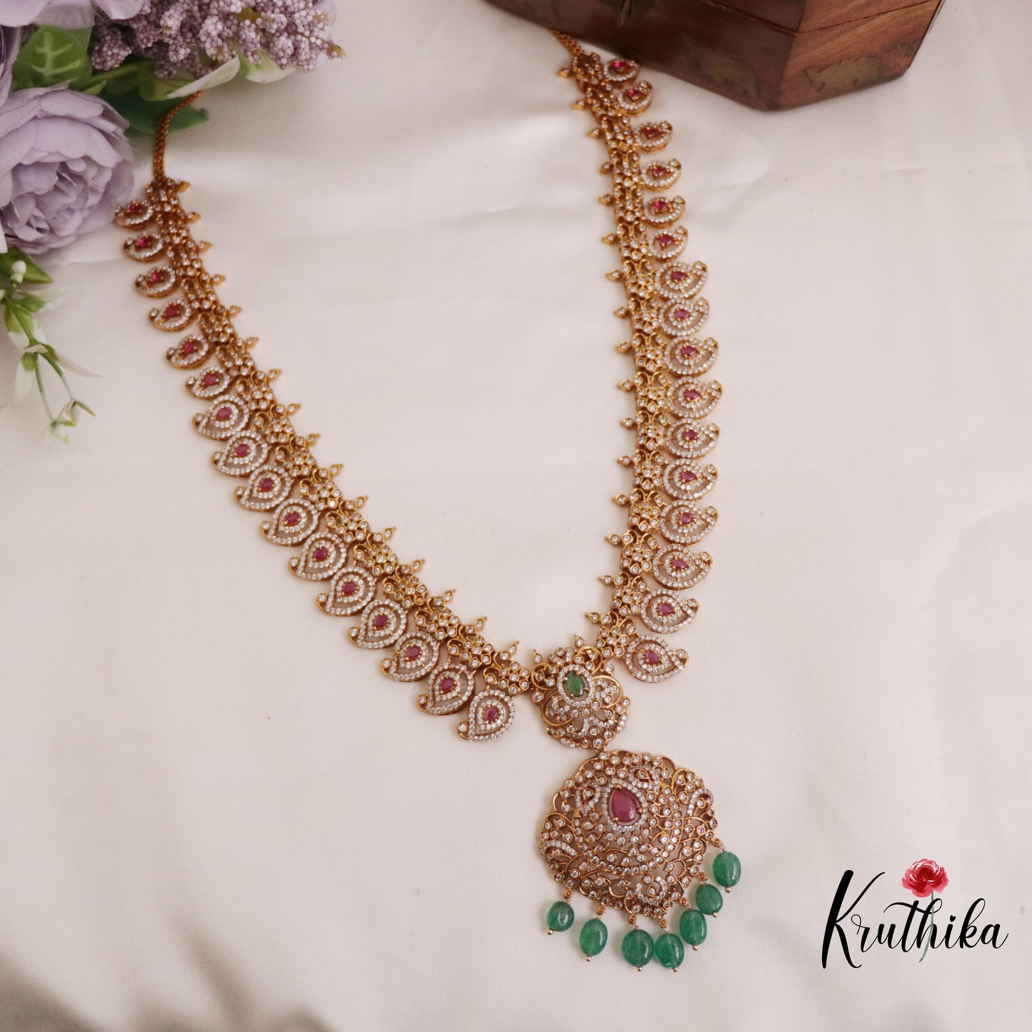 Royal Bridal AD Manga Design Haaram with Pastel Green Beads LH1960