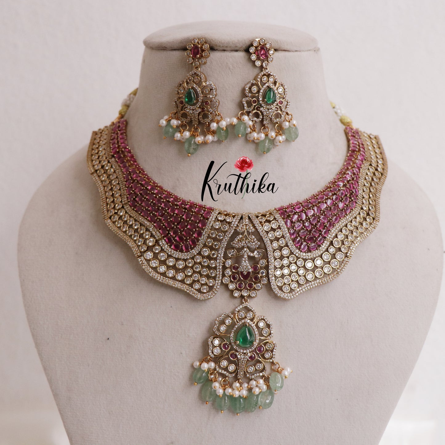 Beautiful Victorian Style Polki Design Ruby & Emerald Necklace NC2502
