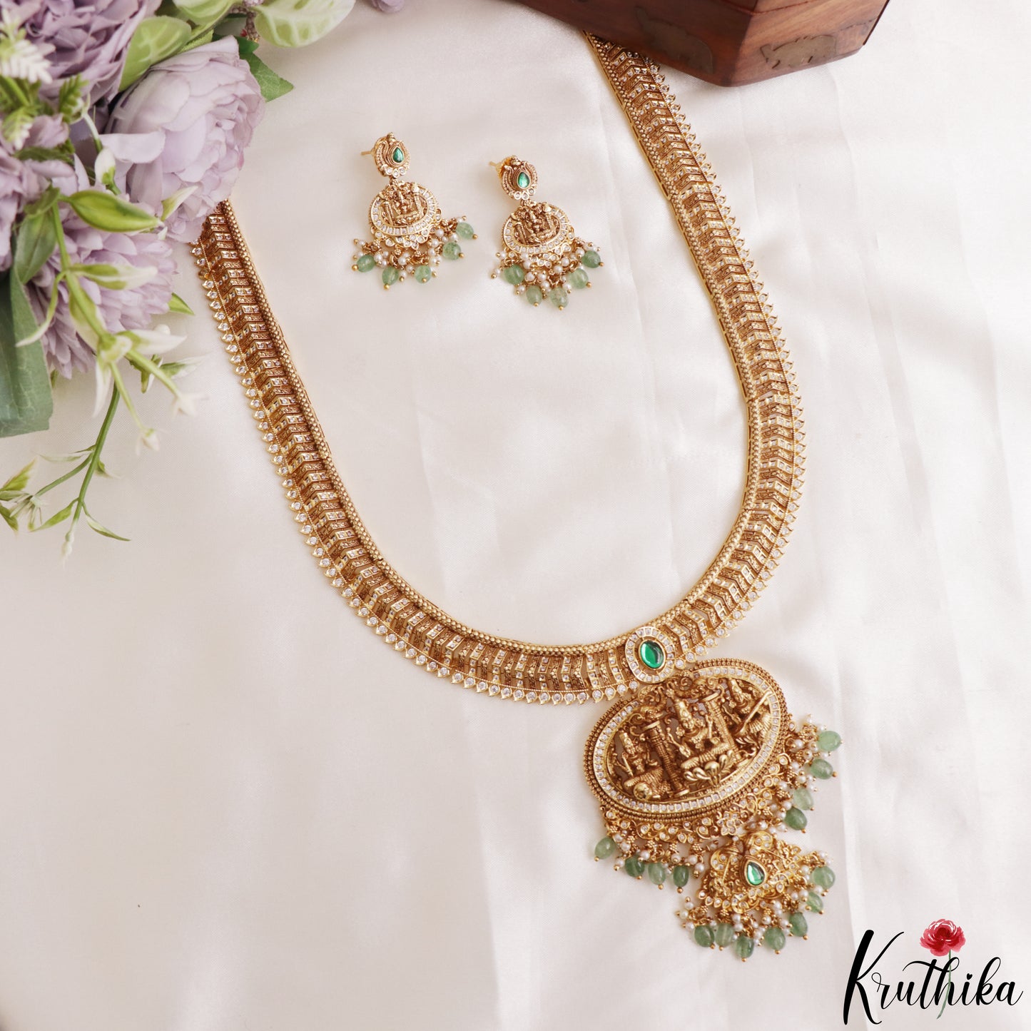 Gorgeous Antique Nagas Lakshmi Motifs Temple Haaram With Pearl Bead Drops LH2206 (Available In 2 Colors)