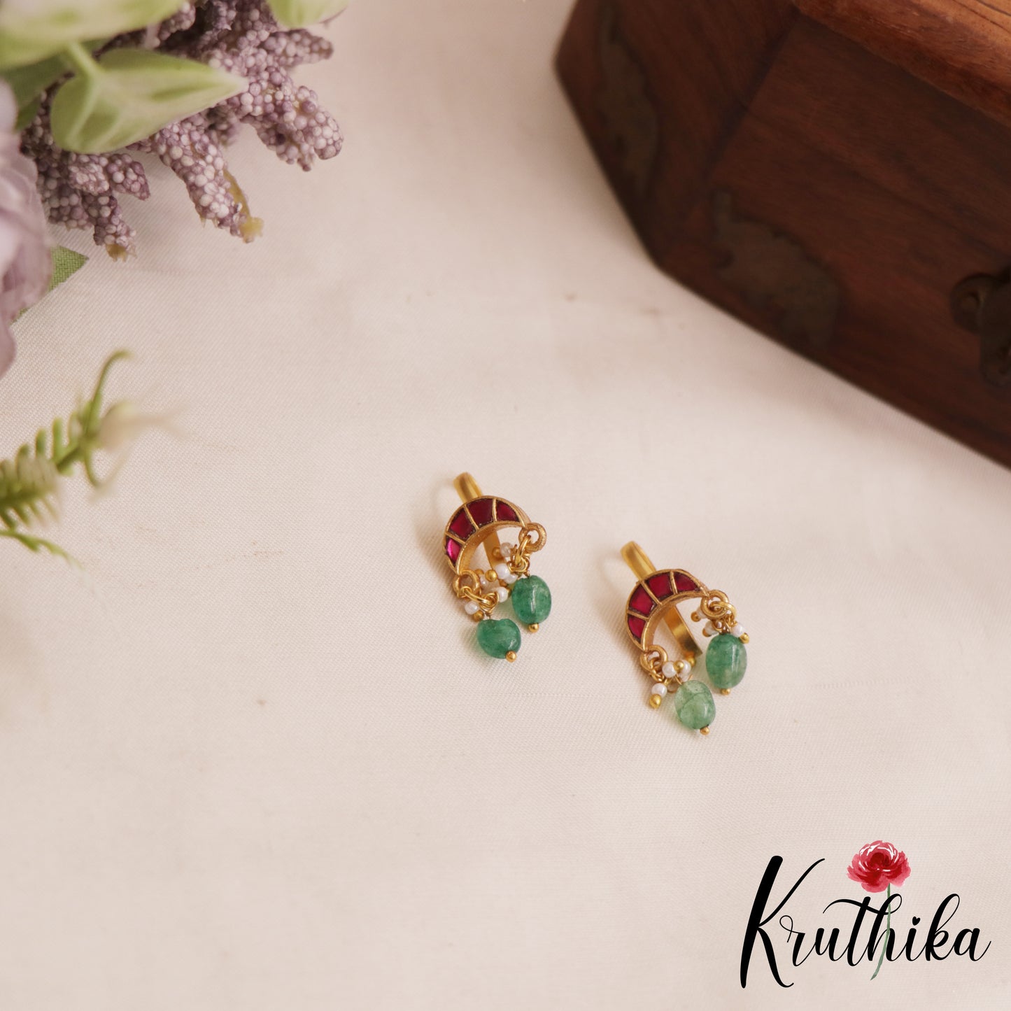 Elegant Jadau Earcuffs | Upper Earrings | Bugadi Earrings With Green Bead Drops E1073