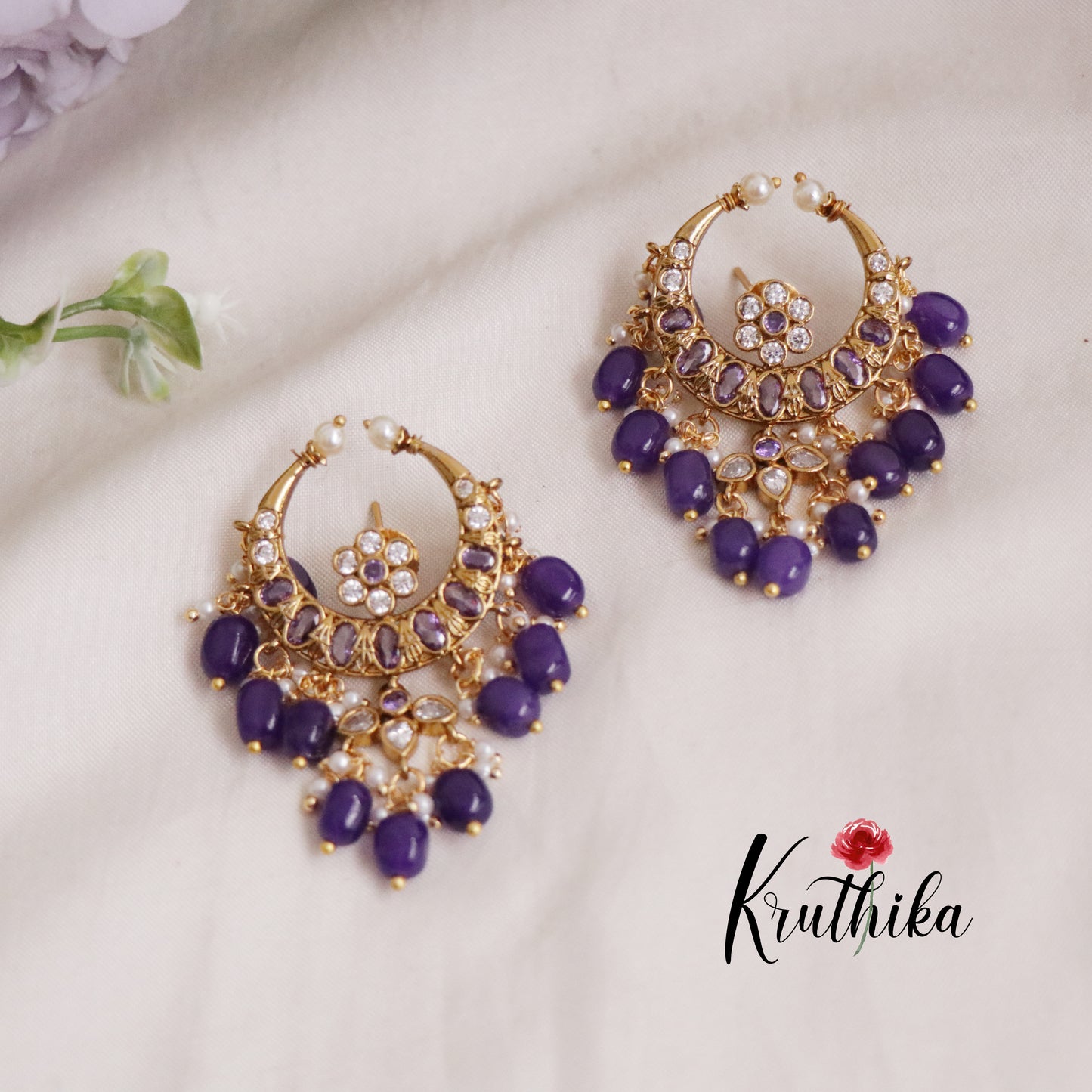 Beautiful Chand Bali Earrings with Beads Drops E631 (Available in 2 Colors)