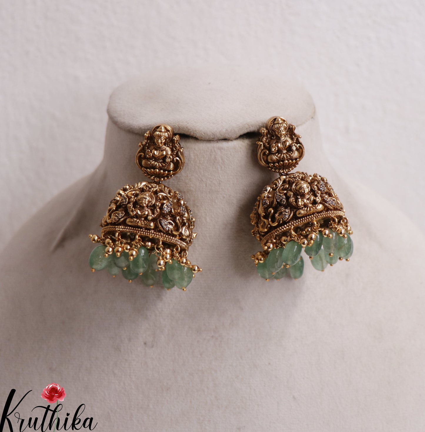 Premium AD Lakshmi Jhumkas with Green Beads Drops E700