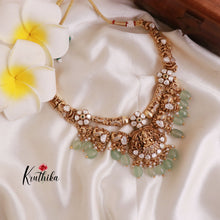 Beautiful Lakshmi Elephants Victorian Necklace-Pastel Green Beads NC1500