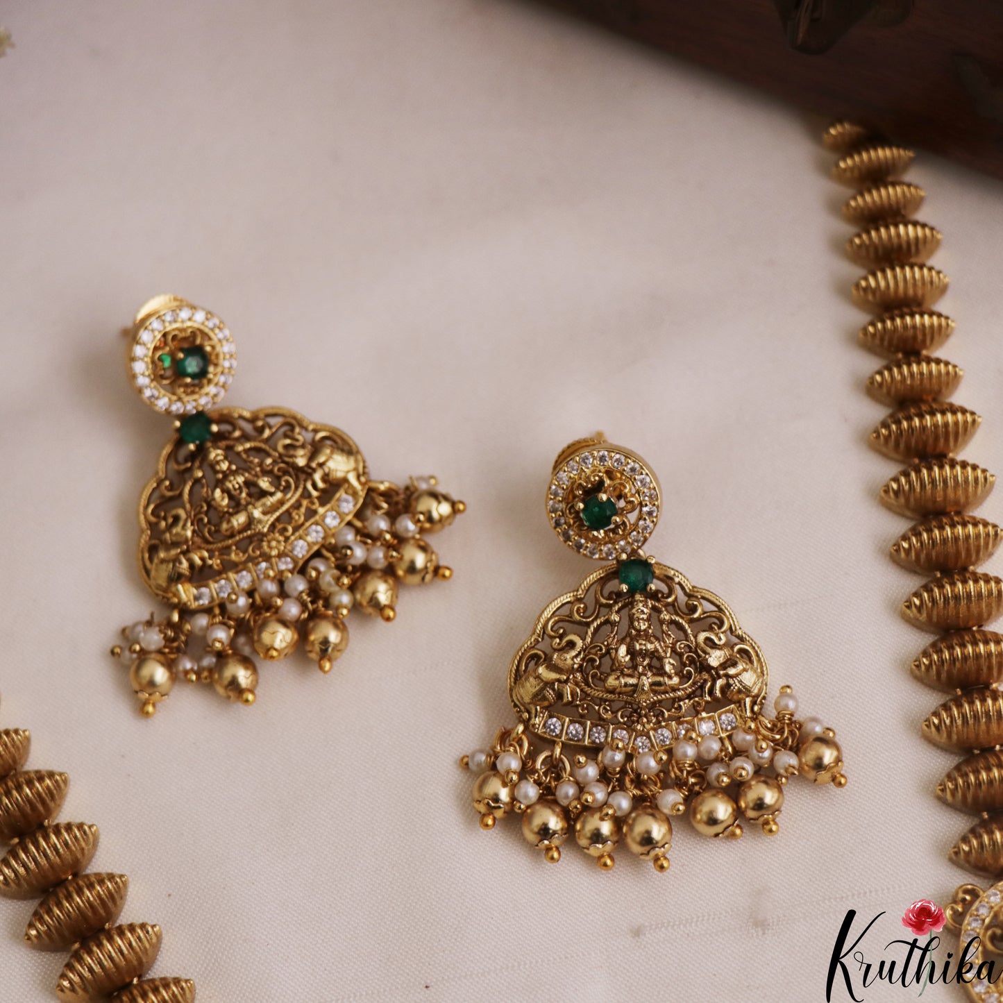 Grand Antique Nagas Lakshmi Motifs Haaram With Bead Drops LH2104 (Available In 2 Colors)