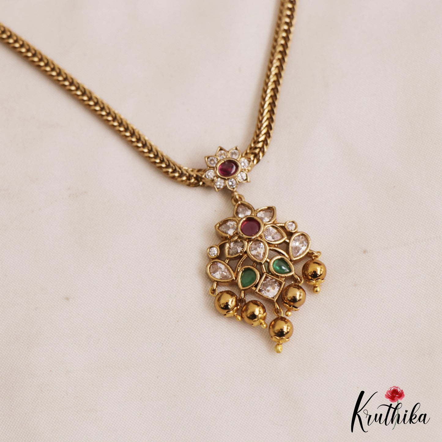 Trendy Floral Motifs AD Pendant Chain Set NC2873
