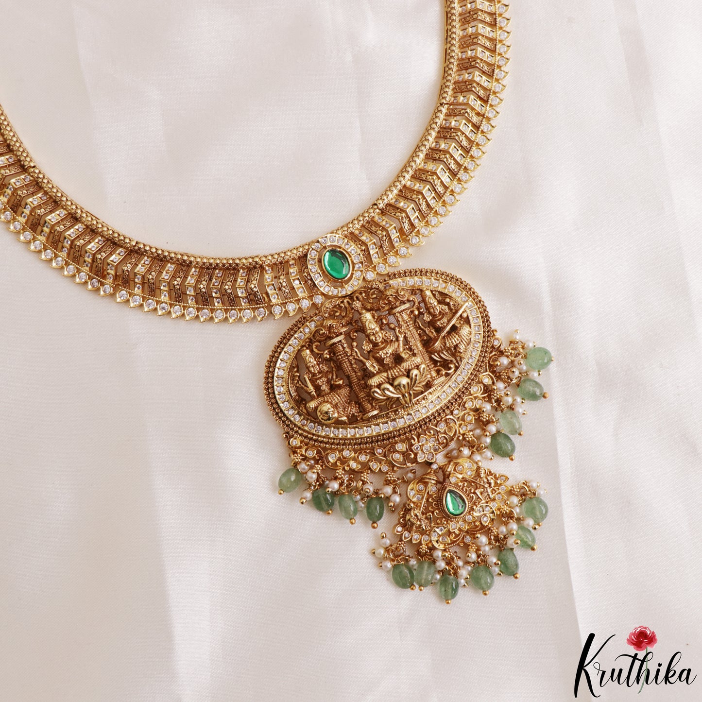 Gorgeous Antique Nagas Lakshmi Motifs Temple Haaram With Pearl Bead Drops LH2206 (Available In 2 Colors)