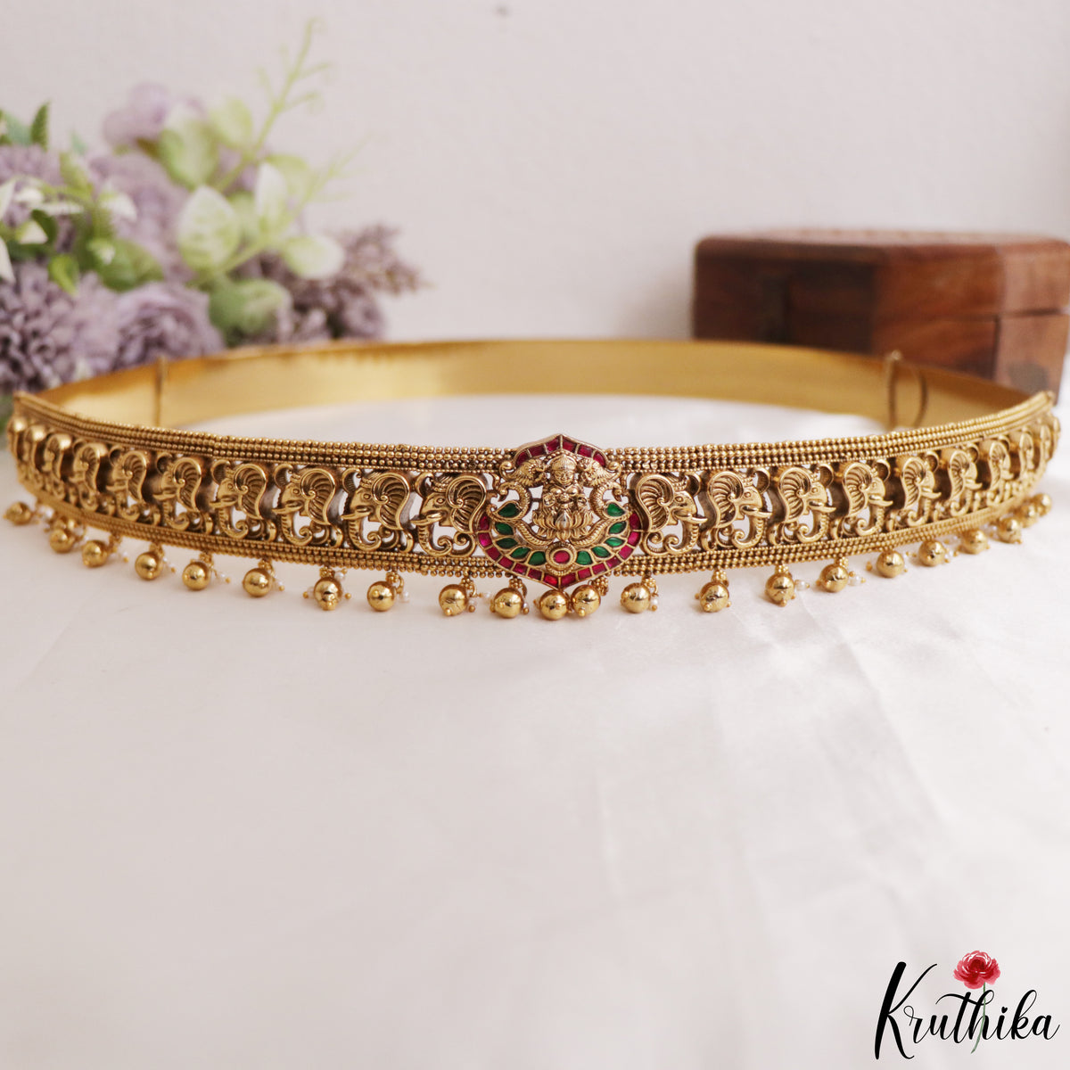 Antique Lakshmi Elephant Motifs Kemp Hip Belt With Bead Drops V403