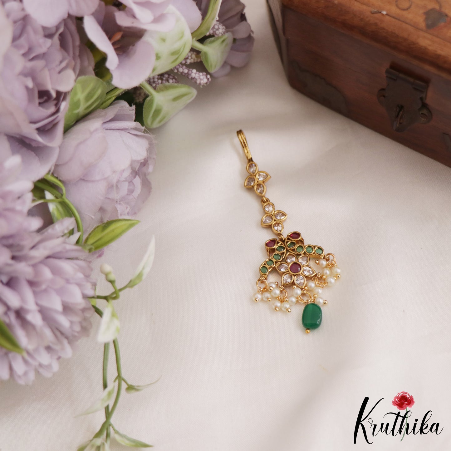 Elegant Floral Peacock Motifs Kemp Maang Tikka With Pearl And Bead Drops MT340