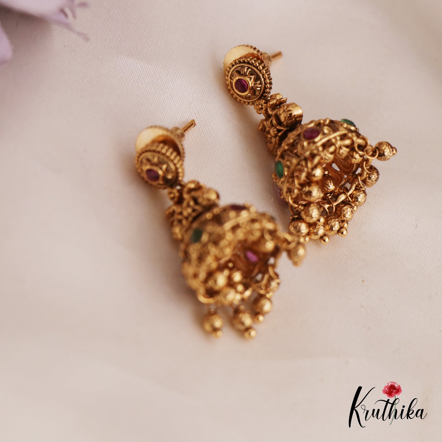 Elegant Antique Peacock Motifs Kemp Jhumka With Golden Bead Drops E984