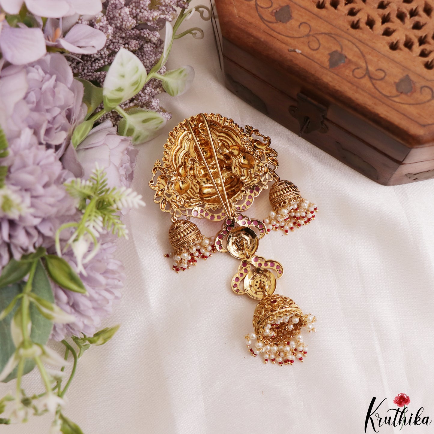 Classic Antique Nagas Lakshmi Peacock Motifs Jhumka Jada Billa With Pear Bead Drops J436 (Available In 2 Colors)