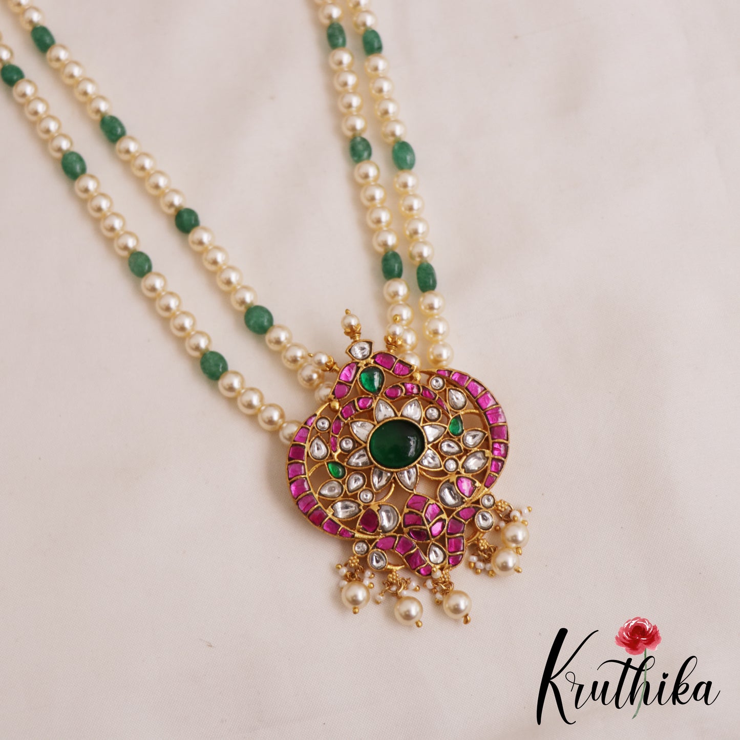 Elegant Floral Motifs Double Strand Pearl Bead Jadau Haaram LH2084