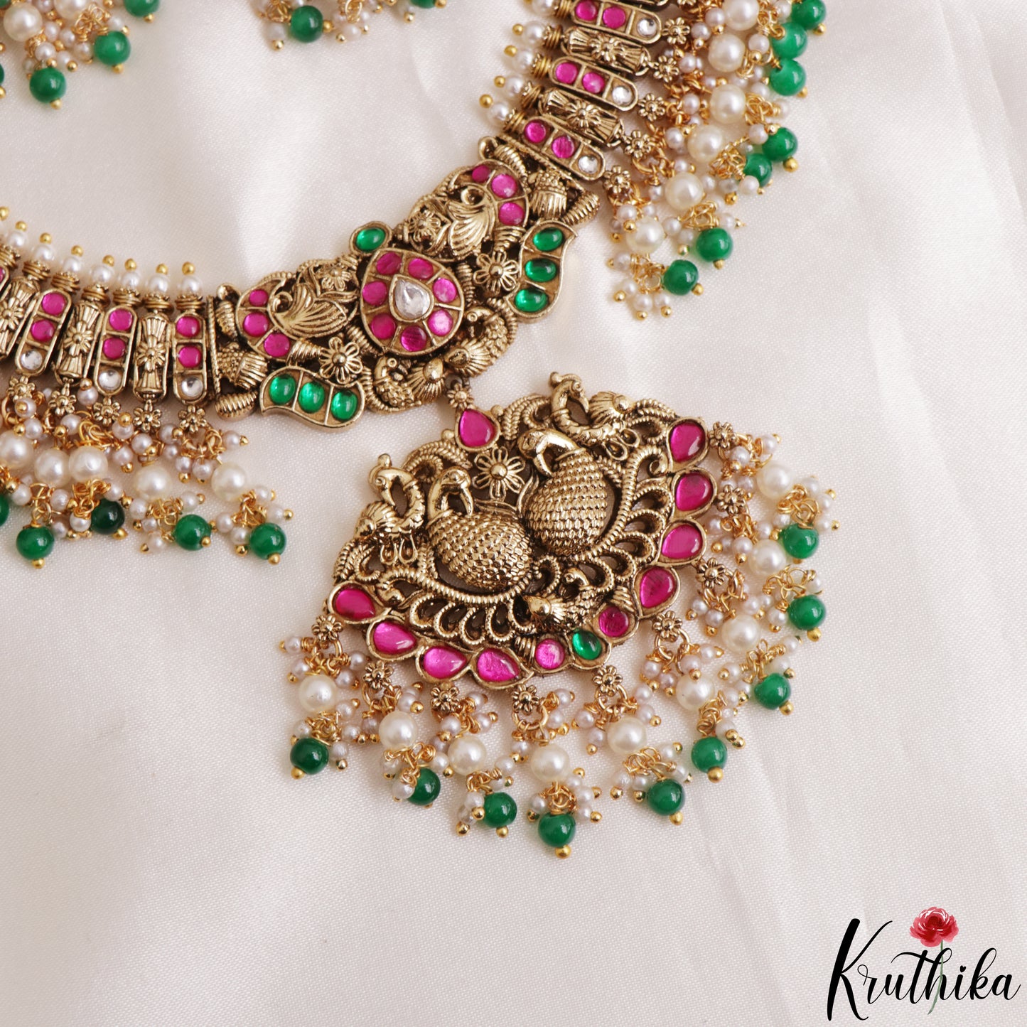Stunning Peacock Floral Motifs Jadau Necklace With Pearl Bead Drops NC3144