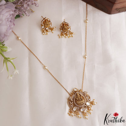 Beautiful Lakshmi Peacock Motifs CZ Polki Pendant Chain Set NC3106 (Available 2 Colors)