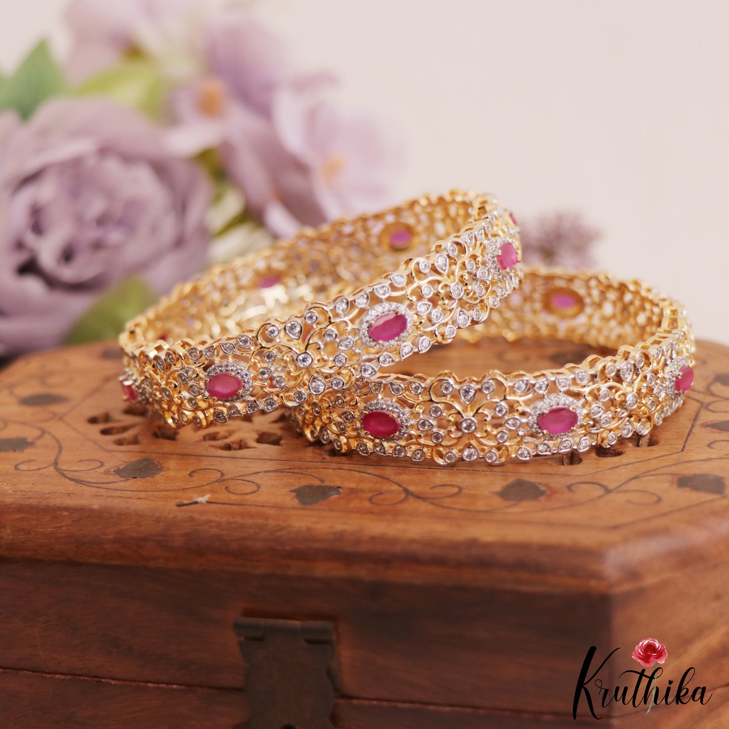Beautiful AD Floral Emerlad Victorian Bangles B304 (Set of 2 Bangles)