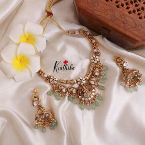 Beautiful Lakshmi Elephants Victorian Necklace-Pastel Green Beads NC1500
