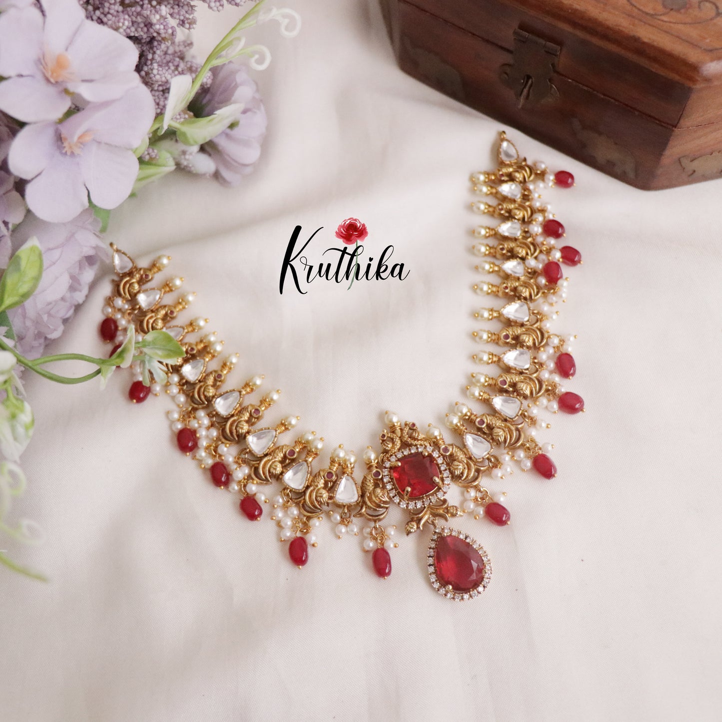 Elegant Peacock Victorian Moissanaite Stones Necklace with Pastel Green Beads NC1940 (Available in 2 Colours)