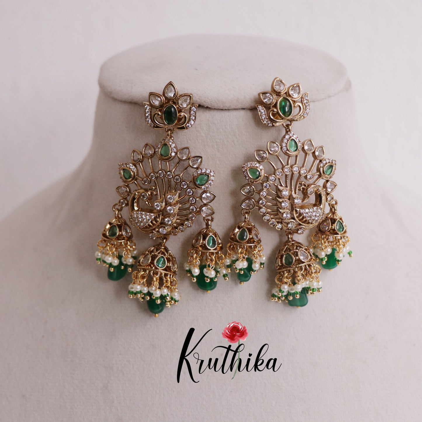 Classic CZ Peacock Triple Jhumkas E626 (Available in 3 Colours)