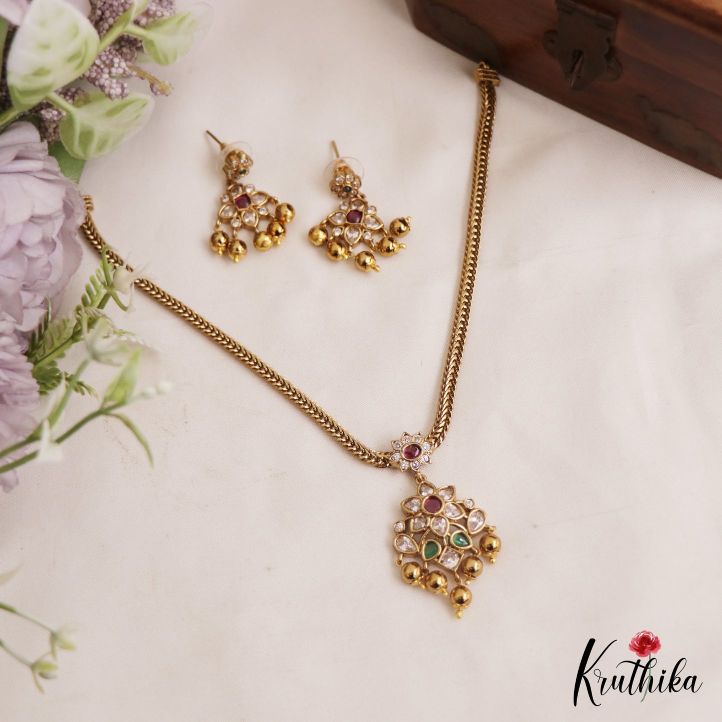 Trendy Floral Motifs AD Pendant Chain Set NC2873