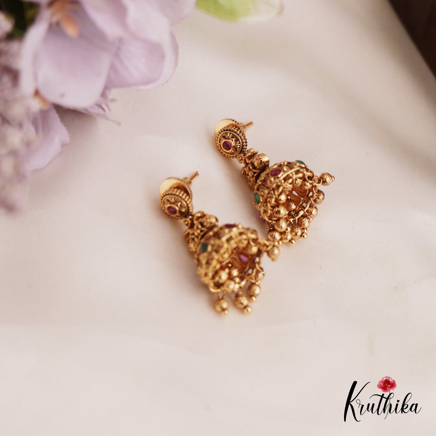 Elegant Antique Peacock Motifs Kemp Jhumka With Golden Bead Drops E984