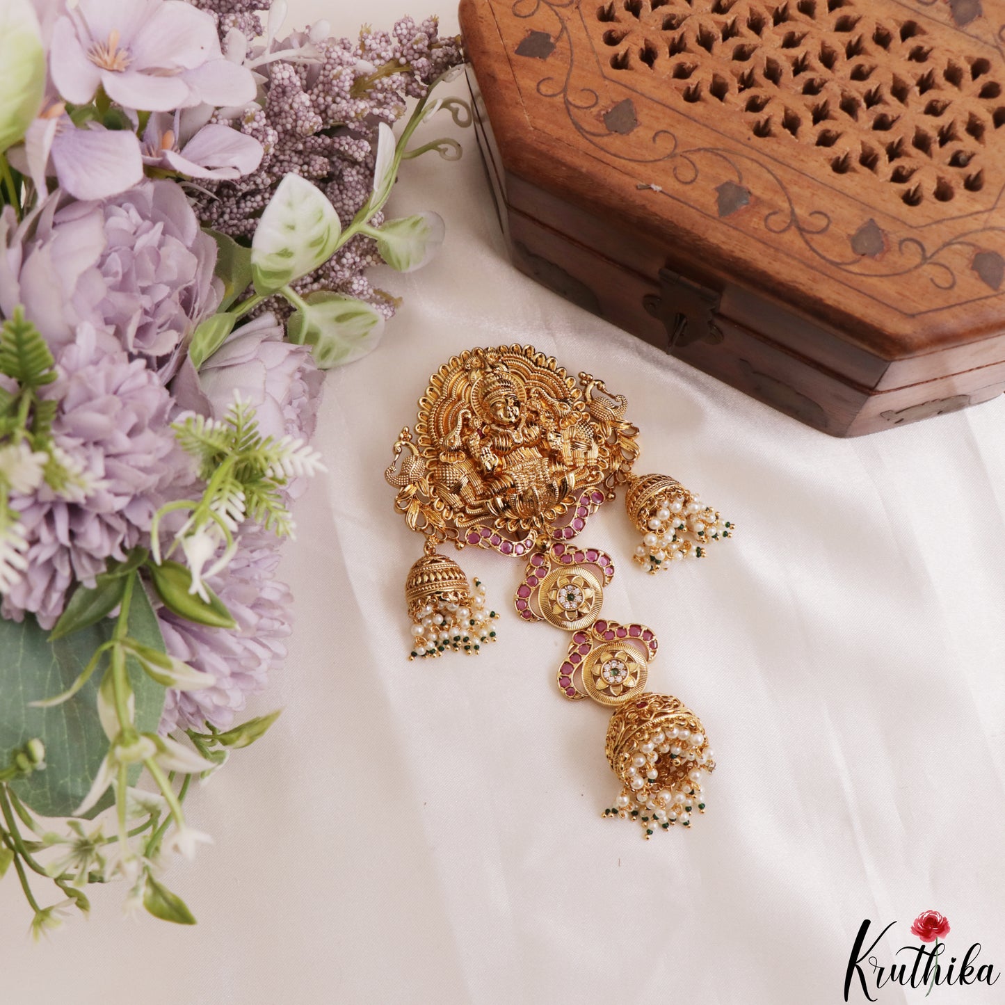 Classic Antique Nagas Lakshmi Peacock Motifs Jhumka Jada Billa With Pear Bead Drops J436 (Available In 2 Colors)