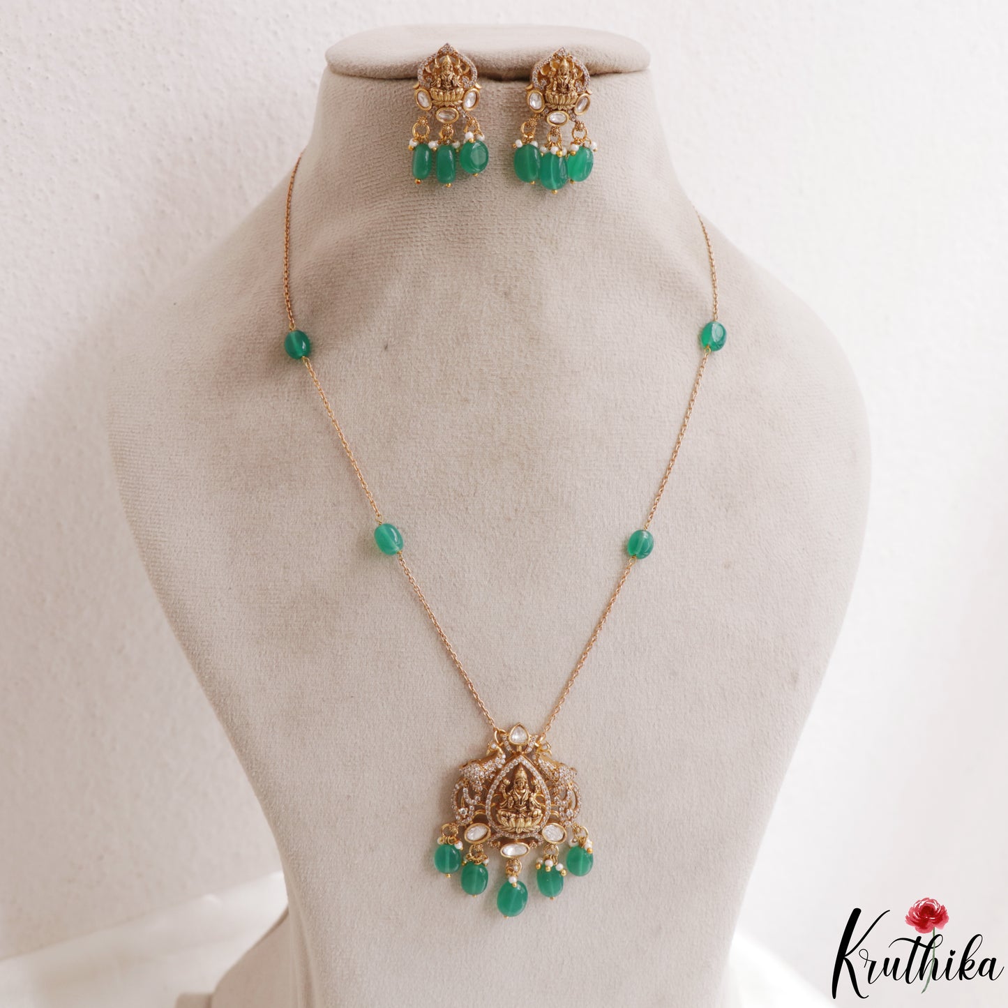 Beautiful Lakshmi Peacock Motifs CZ Polki Pendant Chain Set NC3106 (Available 2 Colors)