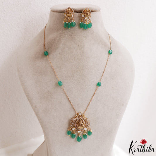 Beautiful Lakshmi Peacock Motifs CZ Polki Pendant Chain Set NC3106 (Available 2 Colors)