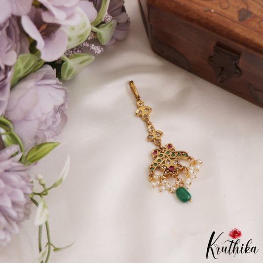 Elegant Floral Peacock Motifs Kemp Maang Tikka With Pearl And Bead Drops MT340