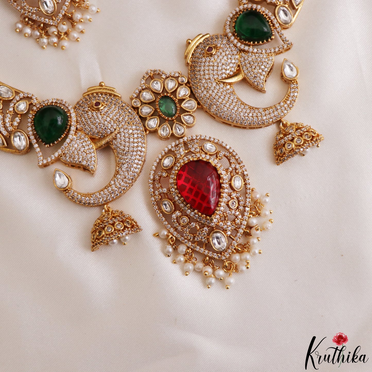 Stunning Elephant Motifs Polki CZ Victorian Necklace With Pearl Drops NC3276
