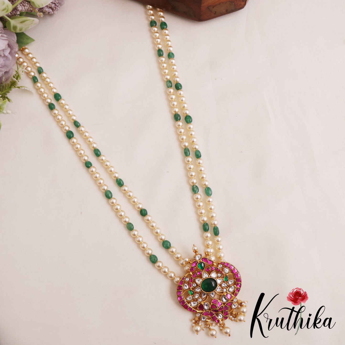 Elegant Floral Motifs Double Strand Pearl Bead Jadau Haaram LH2084