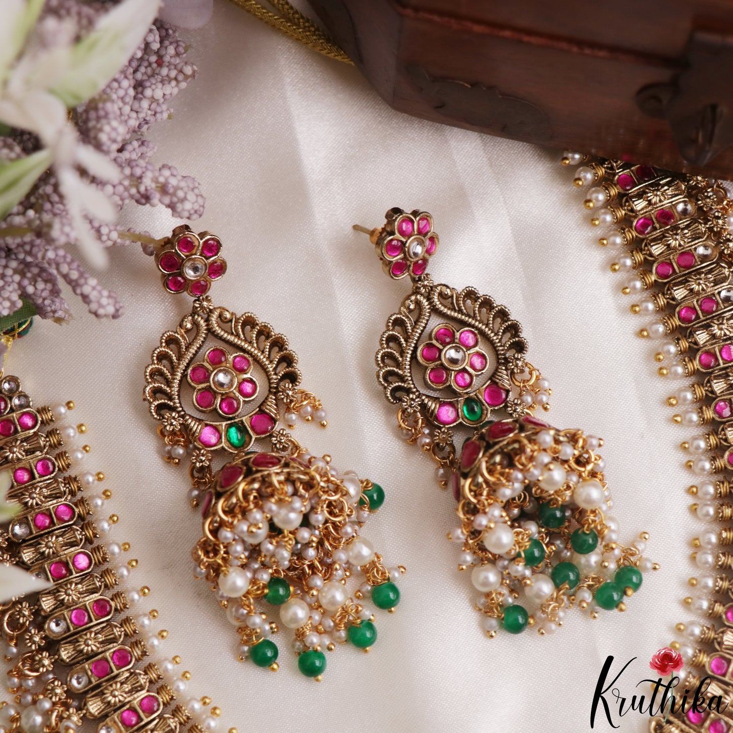 Stunning Peacock Floral Motifs Jadau Necklace With Pearl Bead Drops NC3144