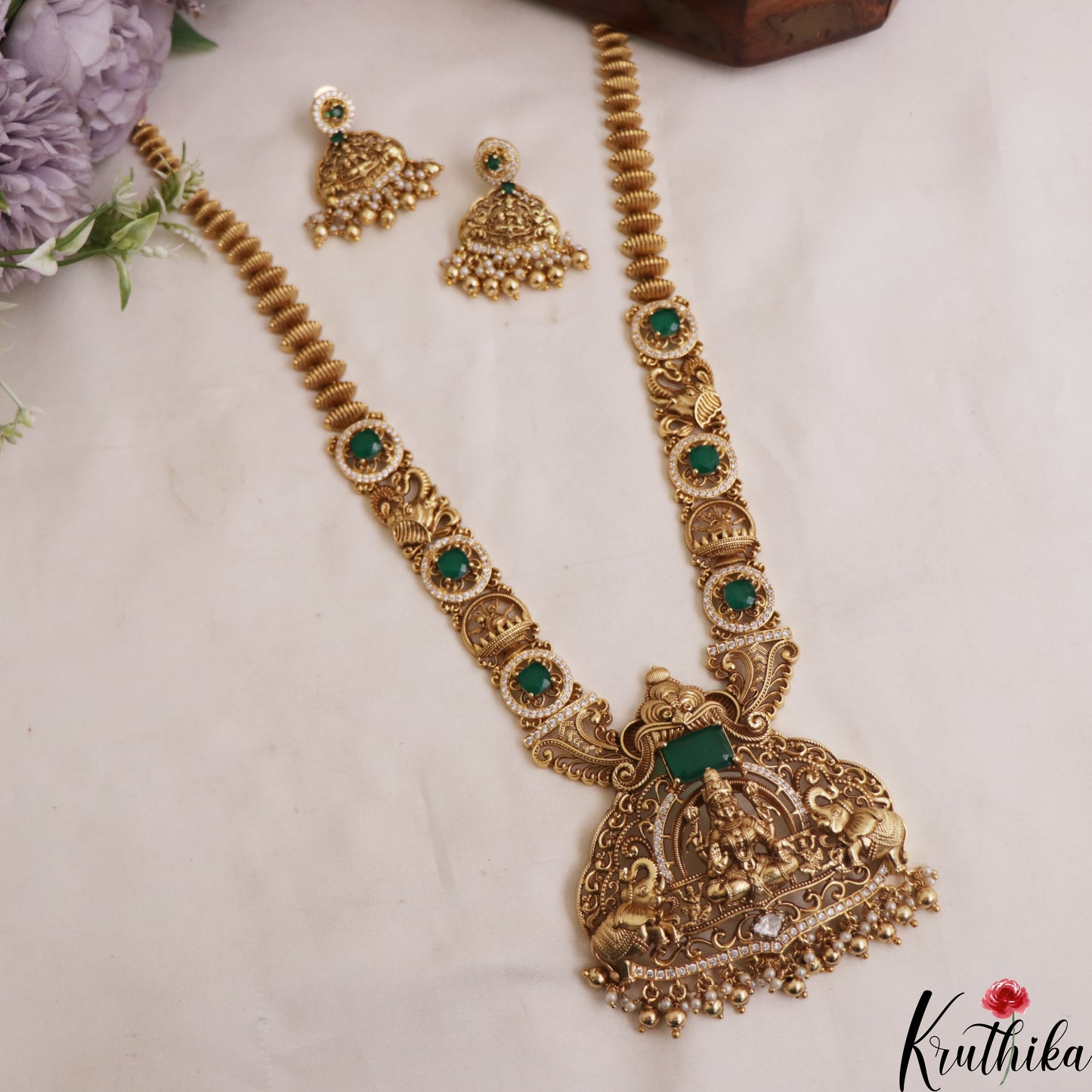Grand Antique Nagas Lakshmi Motifs Haaram With Bead Drops LH2104 (Available In 2 Colors)
