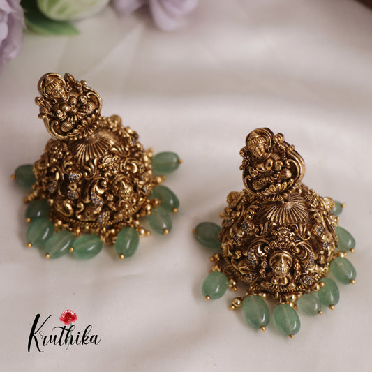 Premium AD Lakshmi Jhumkas with Green Beads Drops E700