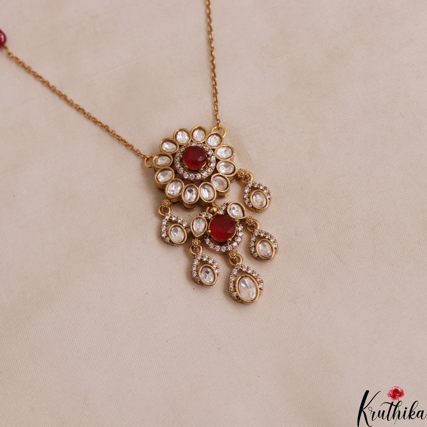 Elegant Floral Motifs Polki Victorian Pendant Chain Set LH2113 (Available In 3 Colors)