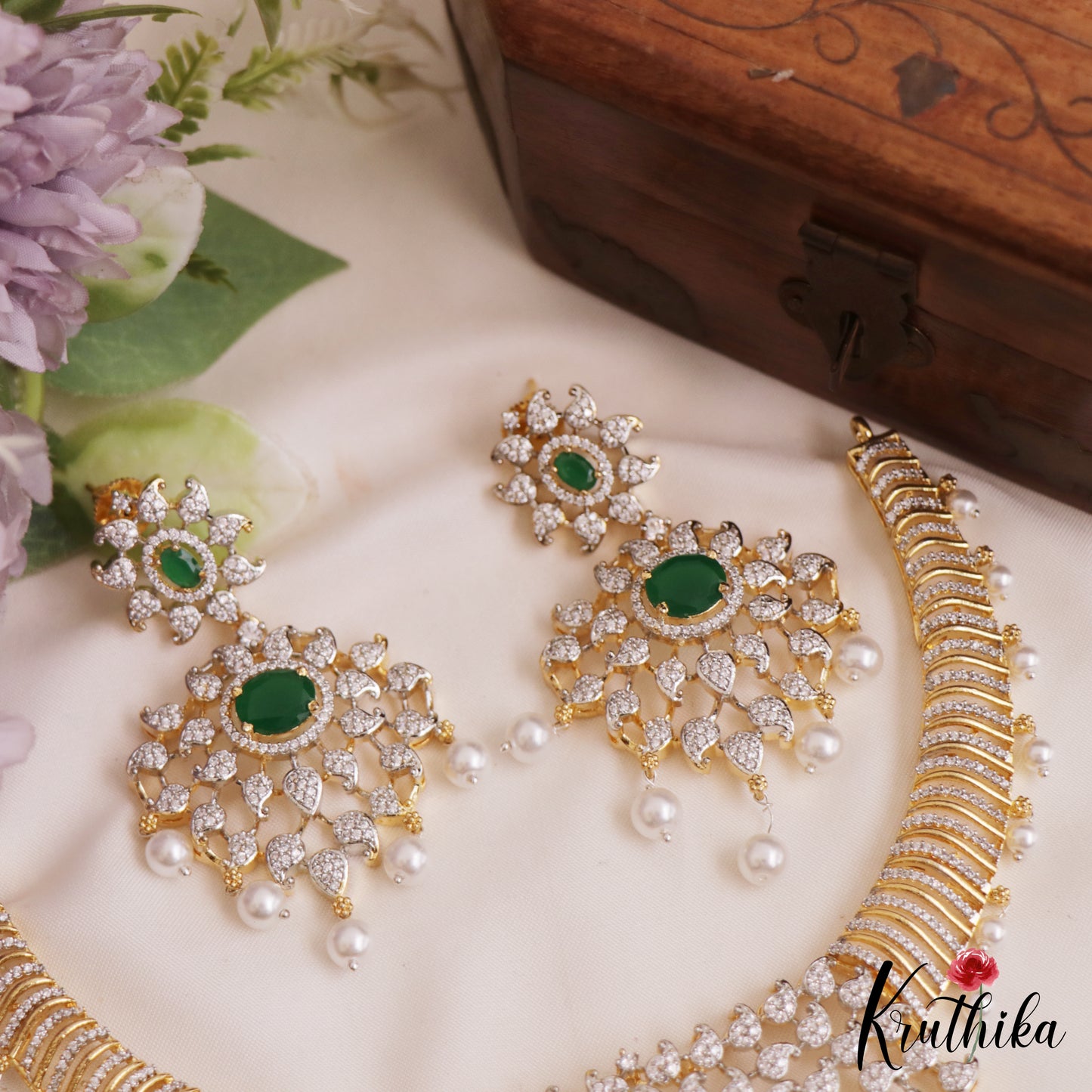 Sparkling Mango Motifs Diamond-Finish Gold-Tone AD Choker With Pearl Drops NC2760