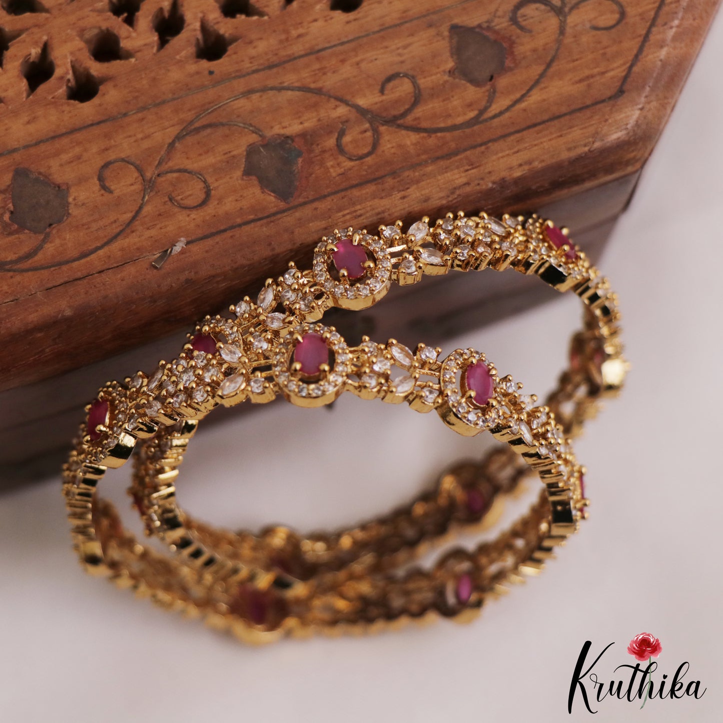 Sparkling Leaf Motifs AD Bangles B483 (Set of 2) (Available In 3 Colors)