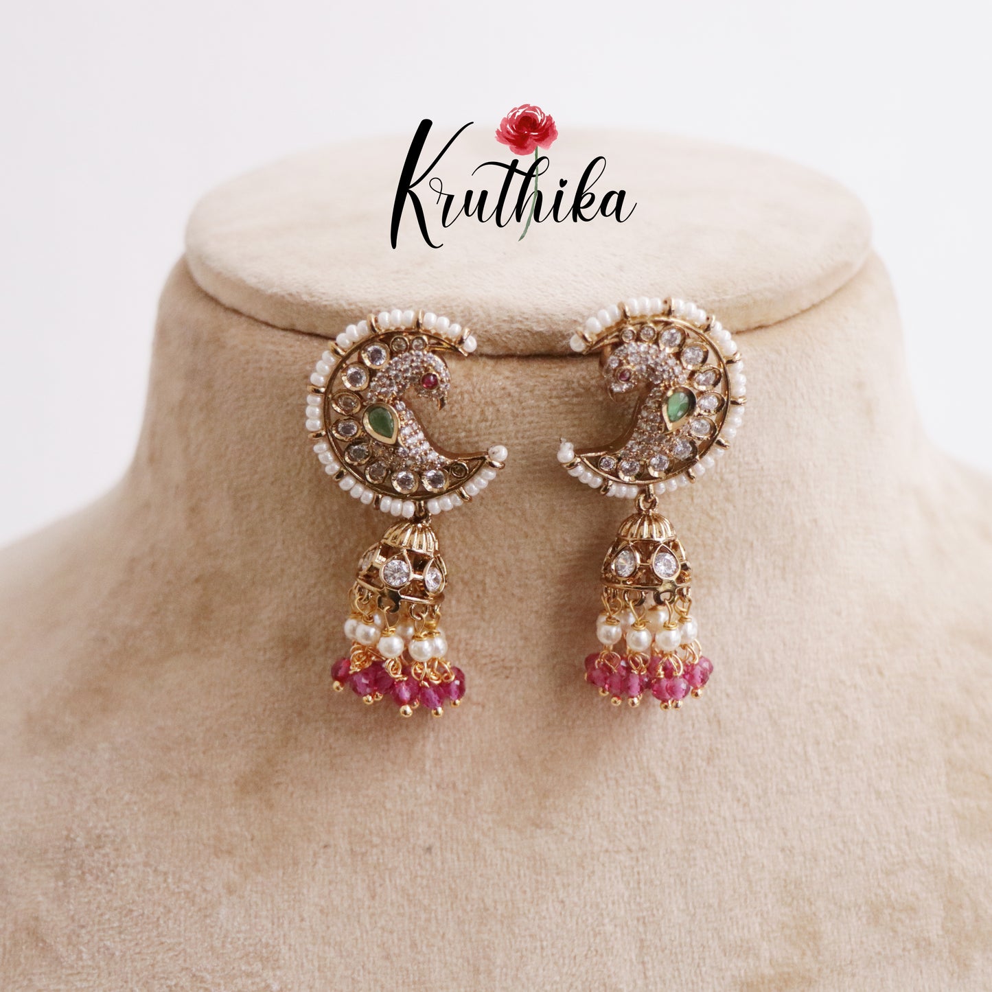 Grand Chandra Mayuri Jhumkas with Beads Drops E636 (Available in 2 Colors)