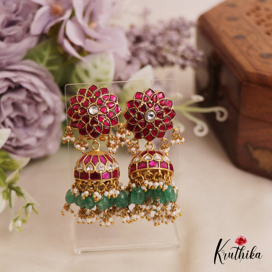 Premium Floral Jhumka Jadau Earrings With Bead And Pearl Drops E836