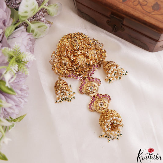 Classic Antique Nagas Lakshmi Peacock Motifs Jhumka Jada Billa With Pear Bead Drops J436 (Available In 2 Colors)